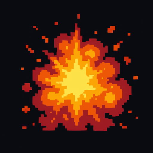 digital pixel art explosion.
In-Game asset.  2d.  High contrast.  No shadows