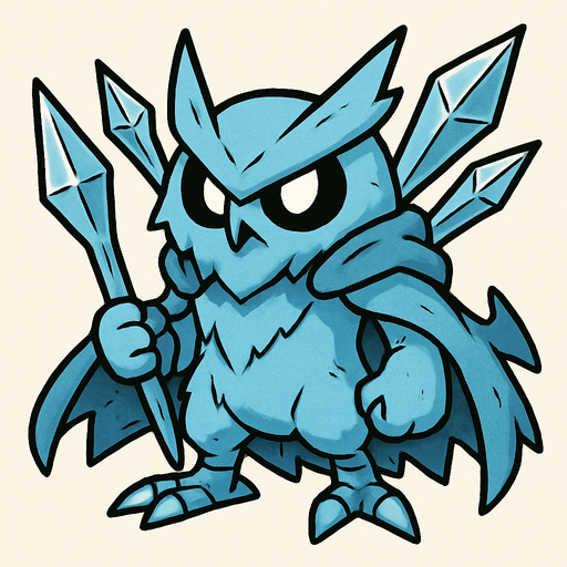 Um monstrinho do tipo Gelo inspirado em Pokémon e Digimon com aparência de Coruja fantasma classe guerreiro com lanças de Gelo nas costas arte com contorno de preto