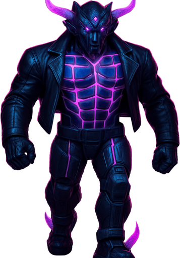 Black leather biker jacket longsleeves bare segmented neon cyberpunk pecs abs muscles robot monster hunk Neon cyberpunk 3d hologram corporate occult demon android mecha robot sentinel guard soldier machine monster fully in frame no part cut off no background anime futuristic Background removed, "Full-body character, entirely in frame, no cropping of face, head, or feet" "Complete character visible, from head to toe, fully centered in the image" "Entire character, including face and boots, fully within the frame" Character fully contained within a square frame, no edges cut off  horns through boots Walking animation