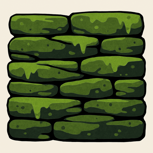 a wall built with flat, mossy stones.
In-Game asset.  2d.  High contrast.  No shadows