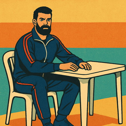 Beyaz plastik sandalye ve masa da oturan volkan demiren görseli oluştur . bu görsel de volkan demirel Lacivert eşofman takımı giyiyor olsun . retro temada olsun !.
In-Game asset.  2d.  High contrast.  No shadows
