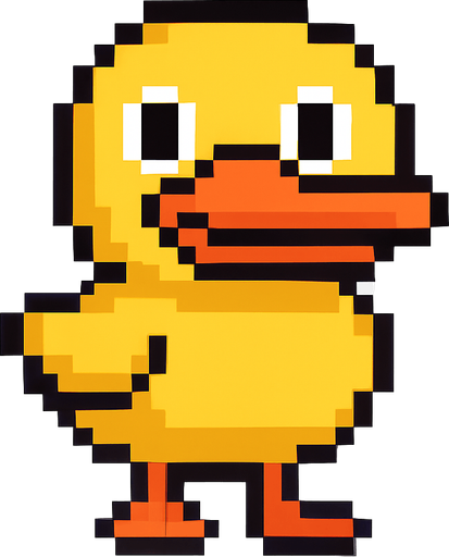 El pato debe ser un personaje simpático y reconocible en estilo pixel art, con cuerpo amarillo redondeado, pico naranja ancho y ojos grandes y amigables; debe estar de pie sobre dos patas naranjas, con pequeñas alas a los costados, y puede tener una expresión alegre o curiosa; su diseño debe ser simple pero encantador, con animación sutil como un leve balanceo, parpadeo o aleteo, y fondo transparente; opcionalmente puede llevar un gorrito, flotador o bufanda para agregar personalidad, siendo perfecto para un juego casual, infantil o humorístico..
In-Game asset.  2d.  High contrast.  No shadows
