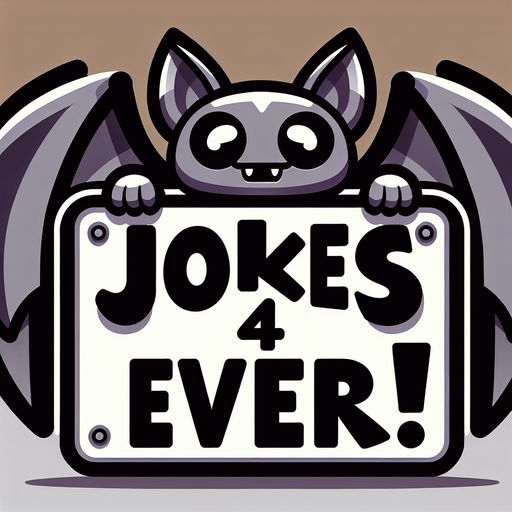 A bat holding a sign that says Jokes 4 Ever!.
Single Game Texture.  In-Game asset.  2d.  Blank background.  High contrast.  No shadows