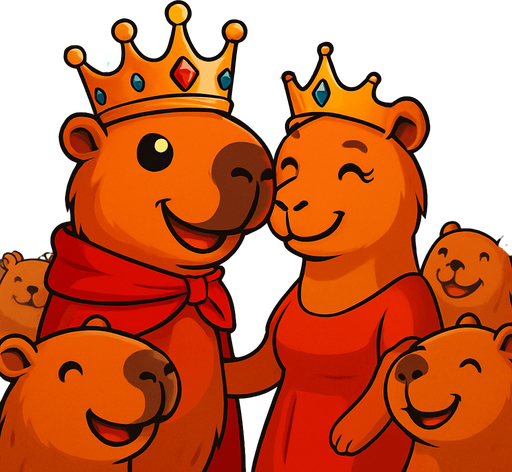 Utilizando este rey. Pon de fondo un castillo. Al rey feliz con su reina. Los capybaras subditos alrededor felices.