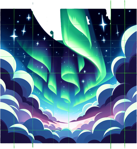 Starry night sky, northern lights, looking up. Cartoon style. Above clouds
Single Game Texture. In-Game asset. 2d. Blank background. High contrast. No shadows.