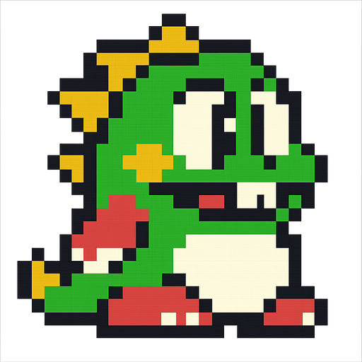 The dragon from bubble booble, the arcade game. Retro, pixel style. Modernized for more pixels that originally, but keeping pixel style. High contrast..
In-Game asset.  2d.  High contrast.  No shadows
