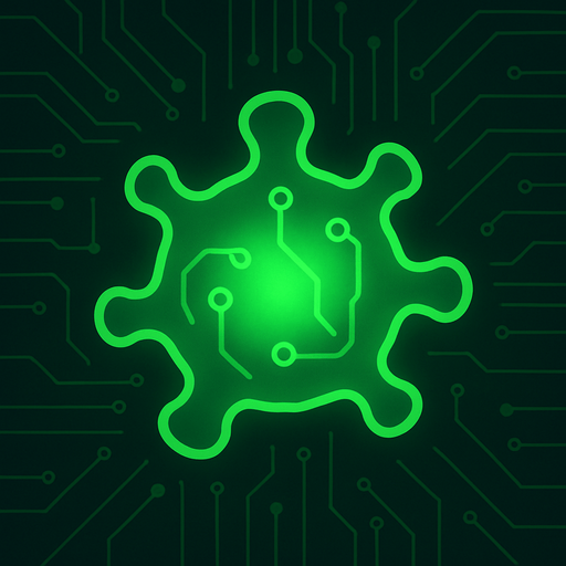 topdown view, simple digital virus blob, glowing green core, minimal circuit-like lines on surface, smooth rounded shape, fits motherboard environment, futuristic style.
In-Game asset.  2d.  High contrast.  No shadows