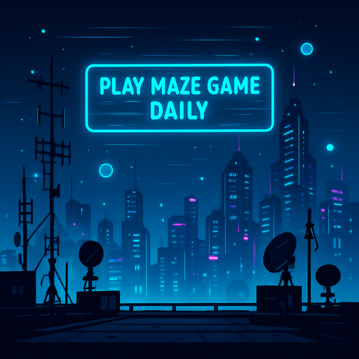 Design a nighttime rooftop vista overlooking a cyberpunk cityscape. Array of antennae and digital transmitters punctuate the skyline, while a floating holo-banner flashes ‘Play Maze Game daily.’ Add subtle lens flares, hovering data orbs, and background neon glow—perfect as a level 3 menu backdrop without any characters or coins..
In-Game asset.  2d.  High contrast.  No shadows