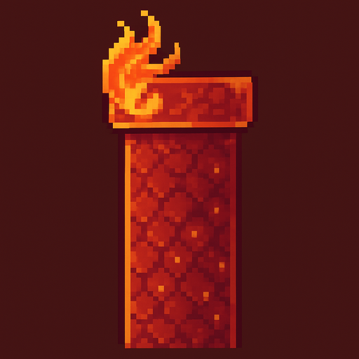 A single vertical top pipe for a 2D pixel art side-scrolling game with classic Flappy Bird hitbox. The pipe is designed with a dragon theme using red, orange, and gold tones. The pipe surface features subtle dragon scale textures and glowing ember details. Around the opening at the top, there is a stylized flame motif to give a mystical fantasy feel. The pipe is viewed from the side with a clear silhouette suitable for gameplay. The style is cute, retro, and fits a pixel art fantasy game..
In-Game asset.  2d.  High contrast.  No shadows. pixel art. side view. retro. fantasy. dragon theme. red. orange. gold. cute. mystical