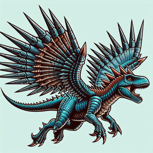 Flying dinosaur with spikes.
Single Game Texture.  In-Game asset.  2d.  Blank background.  High contrast.  No shadows