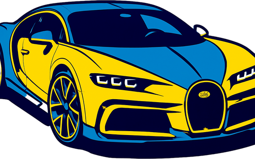 Bugatti veyron but 2025 model and blue and yellow.
In-Game asset.  2d.  High contrast.  No shadows