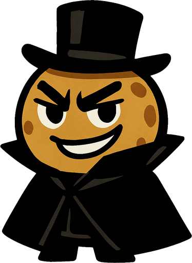 Bana biraz sinsi gülüş atan, siyah şapkası ve giysisi olan bir kurabiye çiz (Asil dursun) ..
In-Game asset.  2d.  High contrast.  No shadows