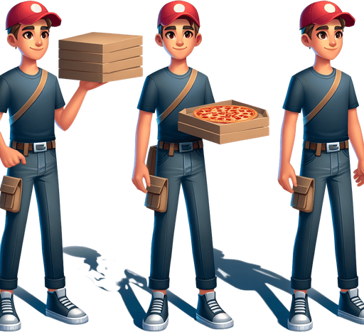 Pizza boy
Single Game Texture. In-Game asset. 2d. Blank background. High contrast. No shadows.