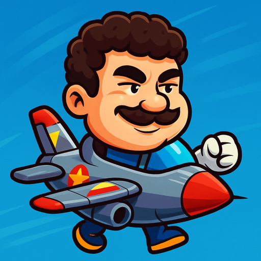 Design a cartoon-style character inspired by Head Ball characters, but themed as a fighter jet. The character should have an oversized head (like in the original Head Ball game), but instead of a human body, the head is mounted on a small cartoon fighter jet body. The jet should be stylized and playful, with exaggerated features like short wings, colorful decals, and a compact, fun shape. The cockpit should seamlessly blend into the character's neck or jawline area. The jet can have arms coming out from the sides of the fuselage like wings, and the rear part can have feet-like tail fins resembling shoes.
The overall design should feel dynamic, energetic, and arcade-like, as if mid-flight in a blue sky or cockpit environment.

The face should be: A cartoon-style floating head of a chubby young man with a round, soft face. He has thick curly short hair, a bushy mustache, and a mischievous half-smile with slightly squinted eyes. His cheeks are full, and his expression is confident and che.
In-Game asset.  2d.  High contrast.  No shadows