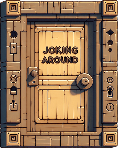 A door with the words Joking Around on it.
Single Game Texture.  In-Game asset.  2d.  Blank background.  High contrast.  No shadows