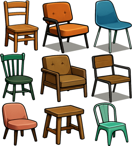 Pack of different chairs.
In-Game asset.  High contrast.  No shadows. 3D