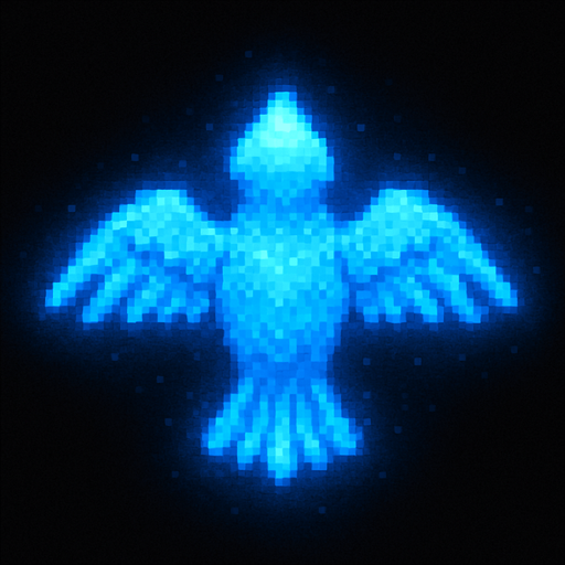 "Top-down 2D pixel art of a bird, viewed from a perfect 90-degree angle directly overhead (true bird’s-eye view), facing away from the viewer (back view). A glowing blue aura. The entire character appears as a semi-transparent blue hologram, glowing slightly with a futuristic shimmer. The lighting is soft and ambient, suitable for a fantasy RPG game. Style is classic 16-bit RPG pixel art, SNES-era quality. Transparent background.".
In-Game asset.  2d.  High contrast.  No shadows
