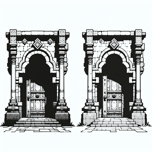Two doorways.
Single Game Texture.  In-Game asset.  2d.  Blank background.  High contrast.  No shadows