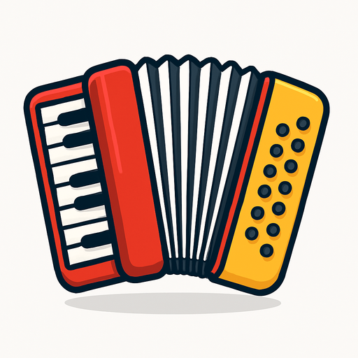 A clean, colorful 2D illustration of a traditional accordion, designed in cartoon or flat vector style. The accordion should have red-and-white or black-and-white bellows, visible keys and buttons, and rounded edges. Add a soft shadow and outline to make it pop against any background. Export as a transparent PNG (no background), suitable for use as a game asset in a mobile quiz game. Size should be square-friendly and visually clear even at small sizes..
In-Game asset.  2d.  High contrast.  No shadows