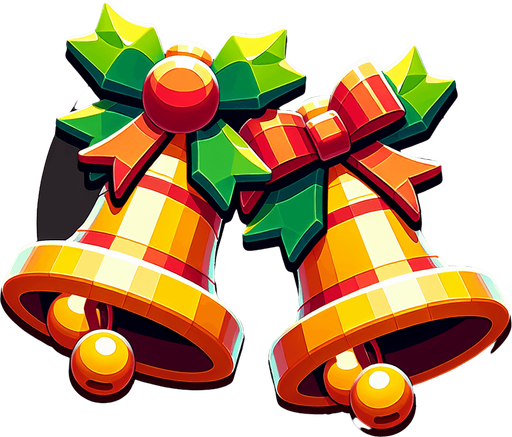 a couple of christmas bells. plastic style. Single Game Texture. In-Game asset. 2d. Blank background. High contrast. No shadows.