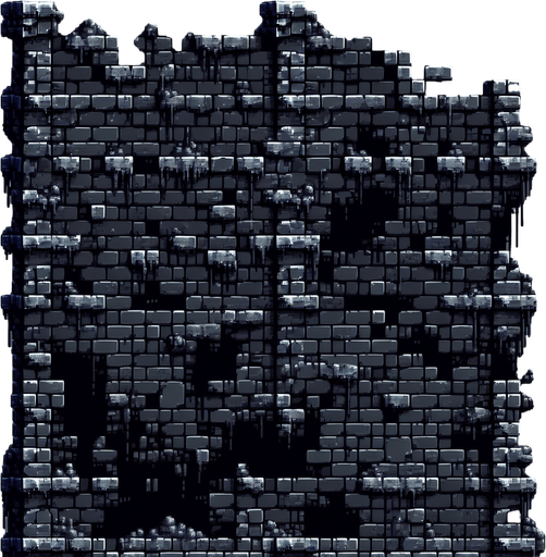 Black stone dungeon wall background. Crumbling top of wall in places.  Slime on bricks. Black holes in walls in places where brick is missing. Infinite repeatable texture for endless scroller. 8 bit pixel art..
Single Game Texture.  In-Game asset.  2d.  Blank background.  High contrast.  No shadows