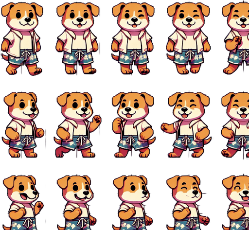 A spritesheet with a number of poses of an happy little dog in swimming trunks, smiling, walking, waiting, standing, ordering, turning, etc. all seen from the side.The spritesheet should be laid out in a rectangular grid with clear space between each individual sprite. Each sprite in the sheet should be around 300x600 pixels in size..
Single Game Texture. In-Game asset. 2d. Blank background. High contrast. No shadows.
