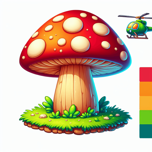Generate a cartoon-style giant mushroom obstacle for a helicopter game. It should be colorful, exaggerated in size, and fun in appearance, with a thick stem and a big cap. Use soft shadows and vibrant tones..
Single Game Texture.  In-Game asset.  2d.  Blank background.  High contrast.  No shadows