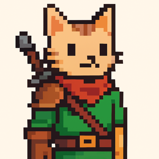 cat human, pixel art, half, adventurer.
In-Game asset.  2d.  High contrast.  No shadows