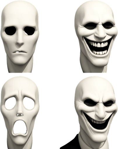 3D Slenderman scary and funny face meme. different faces look. face only.
In-Game asset.  High contrast.  No shadows. 3D