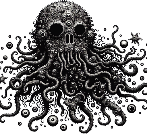 Lovecraftian monster, eyeballs, tentacles, floating
Single Game Texture. In-Game asset. 2d. Blank background. High contrast. No shadows.