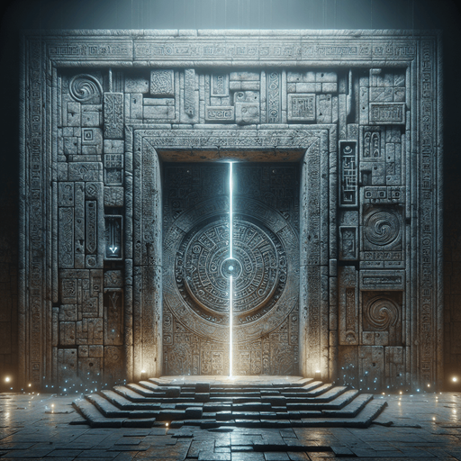 La porte d'Exit est un portail mystérieux et imposant qui se distingue par son atmosphère énigmatique. Elle est située à la fin du labyrinthe, là où la lumière semble devenir plus intense et où le suspense atteint son apogée.

    Structure : La porte est massive, faite de pierres anciennes et usées par le temps, avec des gravures mystérieuses sur les côtés. Elle semble être une sorte de portail magique, ses bords ornés de runes qui brillent faiblement dans l'obscurité. Les gravures changent légèrement lorsque le joueur s'en approche, comme si elles réagissaient à la présence du héros.

    Couleurs et lumière : L'exit émet une lumière douce mais persistante, un halo qui contraste fortement avec l'obscurité du reste du labyrinthe. La lumière n'est pas chaude, mais plutôt froide, avec des tons de bleu pâle et d'argent. Cela donne à la porte une allure à la fois apaisante et étrange. De petites étincelles flottent autour de la porte, comme si une force invisible était à l'œuvre..
Single Game Texture.  In-Game asset.  2d.  Blank background.  High contrast.  No shadows