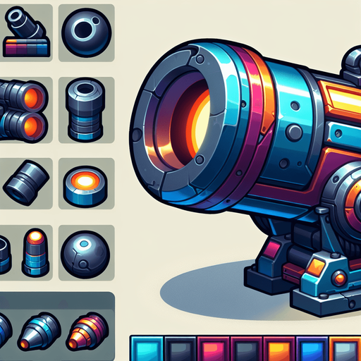 Type: 2D sprite (top-down or side view).
Style: Cartoonish or futuristic metallic cannon. colorful mixed colors
Animation: Slight recoil effect when shooting.
Size: Medium (fits at the bottom of the screen)..
Single Game Texture.  In-Game asset.  2d.  Blank background.  High contrast.  No shadows