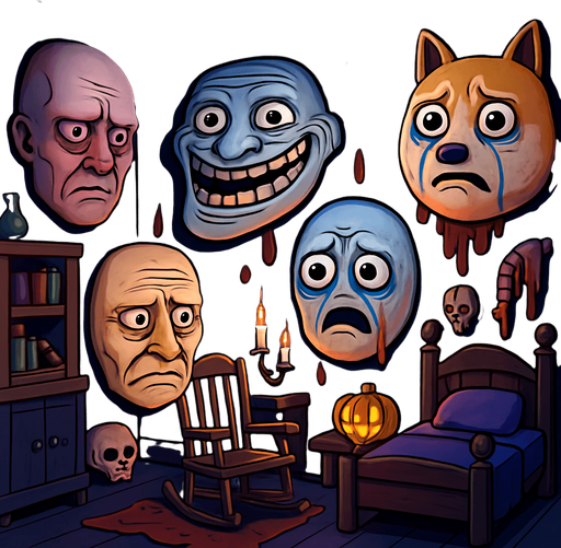 3D Scary room with many 3D decorations around, 3D scary masks of memes around it.
In-Game asset.  3D.  High contrast.  No shadows. no jesus cross. no star of 6. no start of 5. no devil. HD colors