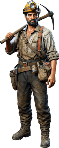 miner.
Single Game Texture. In-Game asset. 2d. Blank background. High contrast. No shadows.