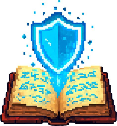 "2D pixel art of a glowing blue shield symbol emerging from an open magical spellbook. The spellbook has old, worn covers and glowing arcane runes on its pages. The shield symbol floats above the book, made of radiant blue magical energy, slightly transparent and softly glowing. It represents protection or a defensive spell. Style is classic 16-bit fantasy RPG pixel art. Transparent background.".
In-Game asset.  2d.  High contrast.  No shadows