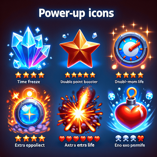 A set of vibrant, game-ready power-up icons designed for a fast-paced slicing game. The icons should have a glossy, high-quality 3D look with a slight glow effect. Each power-up represents a unique ability: a time freeze (ice crystal), a double points booster (golden star), a slow-motion effect (blue clock with a motion blur), an explosion (fiery bomb), and an extra life (red heart). The icons should be visually distinct and optimized for mobile gaming, rendered in 256x256 resolution with a transparent background.".
Single Game Texture.  In-Game asset.  2d.  Blank background.  High contrast.  No shadows
