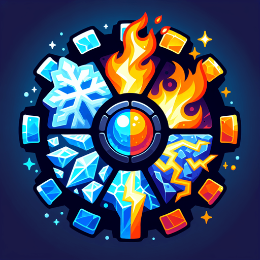 Elemental Gear Icon:
A gear made of multiple materials (fire, ice, lightning, and shadow) fused together, symbolizing crafting hybrid powers..
Colors: Vibrant orange, blue, yellow, and dark purple.