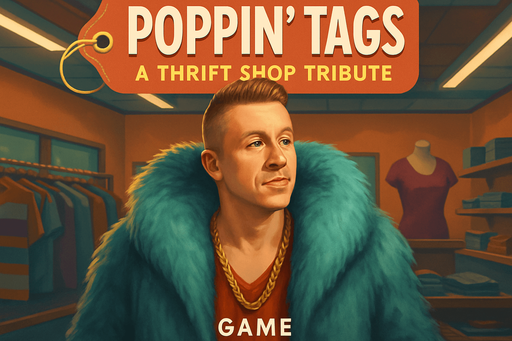 Fullscreen modern App Store portrait banner, high definition, for a game titled "Poppin' Tags: A Thrift Shop Tribute " Macklemore in picture