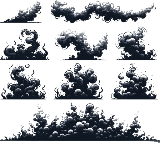 sprite sheet of smoke effect png.
Single Game Texture. In-Game asset. 2d. Blank background. High contrast. No shadows.