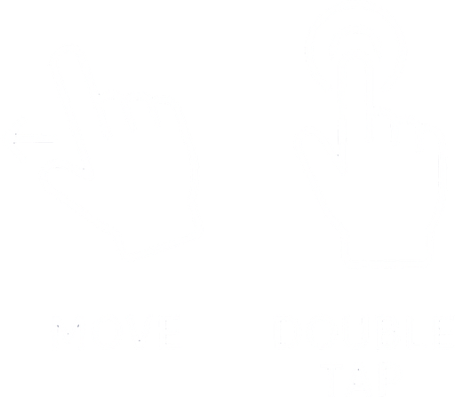 white stroked help illustration indicating move (hand + arrows) and one indicating double tap (hand + circles)