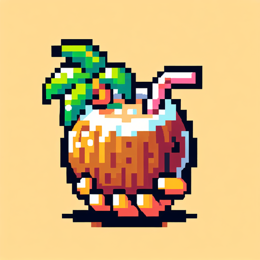 cartoon/8-bit. coconut drink. in a coconut..
Single Game Texture. In-Game asset. 2d. Blank background. High contrast. No shadows.