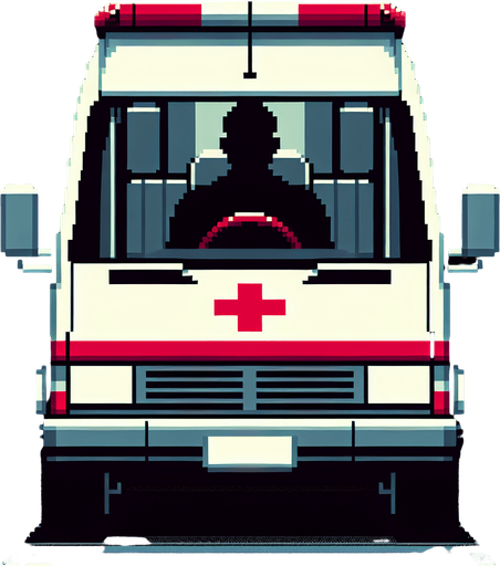 front of an ambulance with a silouhete of a driver..
video game style