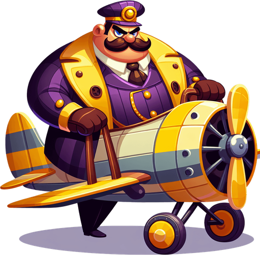 Wario flying an aeroplane.
Single Game Texture.  In-Game asset.  2d.  Blank background.  High contrast.  No shadows