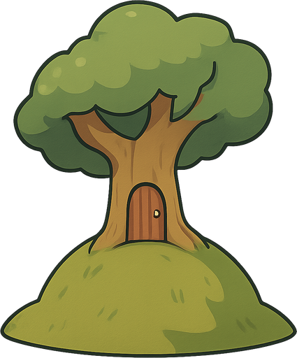 A tree with a door on top of a hill. No background. Transparent background. Blank background. No shadows. 2d. In-Game asset. flat
