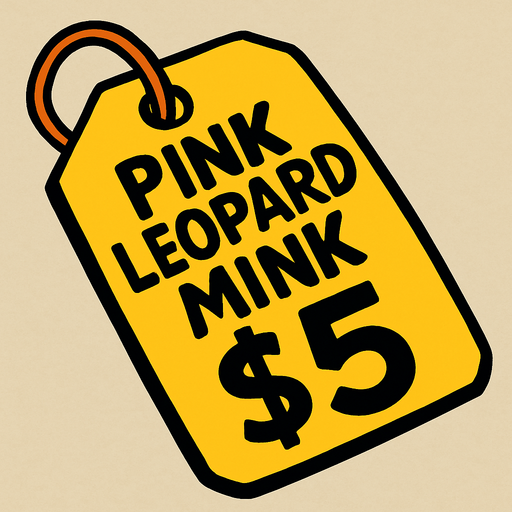 price tag that says pink leopard mink $5.
In-Game asset.  2d.  High contrast.  No shadows