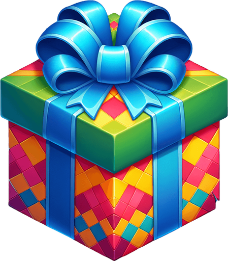 gift wrapped box, vivid colours. with bow on top Single Game Texture. In-Game asset. 2d. Blank background. High contrast. No shadows. Single Game Texture. In-Game asset. 2d. Blank background. High contrast. No shadows.