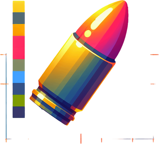 MG bullet 2D(flat and have colors).
Single Game Texture. In-Game asset. 2d. Blank background. High contrast. No shadows.