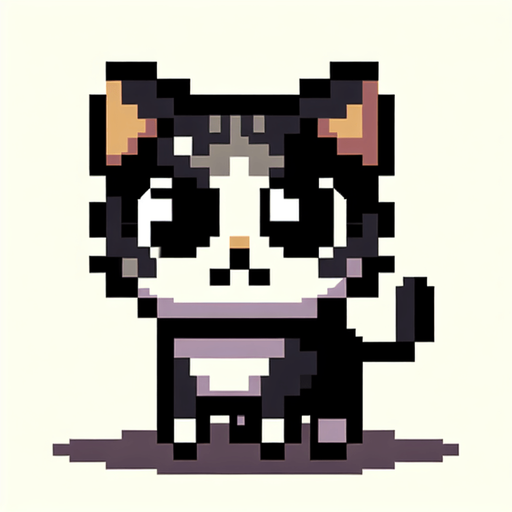 8-bit. Cartoon. Funny. Stray cat. In game asset. No background. No shadow. High quality. Single Game Texture. In-Game asset. 2d. Blank background. High contrast. No shadows.