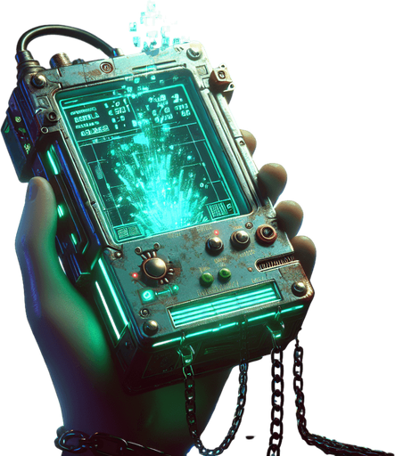 A POV perspective of a retro-futuristic handheld device, its screen glowing softly with greenish-blue digital patterns. The design features a blocky, cyberpunk aesthetic with subtle neon accents along the edges and small, glowing symbols etched into the surface.

Chains around the device are mid-shatter, breaking into faintly glowing fragments that drift away, symbolizing its freedom. The screen flickers with faint digital animations, hinting at its restored functionality without being overly complex. The hand holding the device is faintly lit by the neon glow, with the background melting into a dim, urban cyberpunk haze, emphasizing the sleek yet gritty retro-futuristic vibe..
Single Game Texture. In-Game asset. 2d. Blank background. High contrast. No shadows.