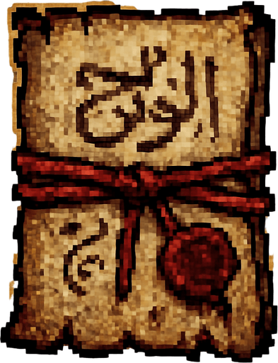Create a pixel-art item asset of an ancient talisman inspired by Turkish folklore. It should appear as a folded parchment wrapped in an old red thread, with faint Ottoman-style calligraphy or mystical symbols visible. The talisman should have a glowing aura or faint sparkles to imply magical power. Optional details: slightly burned edges, aged paper texture, and traces of dried wax seal. The style should be mysterious, enchanted, and suitable for a 2D horror game. PNG format with transparent background, top-down or item-inventory view..
In-Game asset.  2d.  High contrast.  No shadows